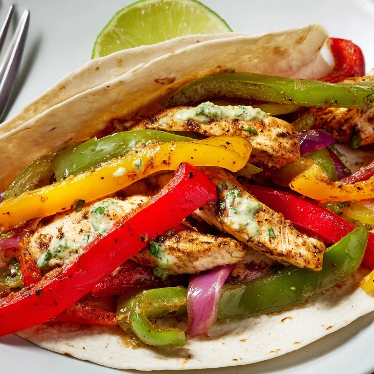 Sizzling Chicken Fajitas with Lime Crema: a colorful, flavorful Tex-Mex dinner ready to eat.