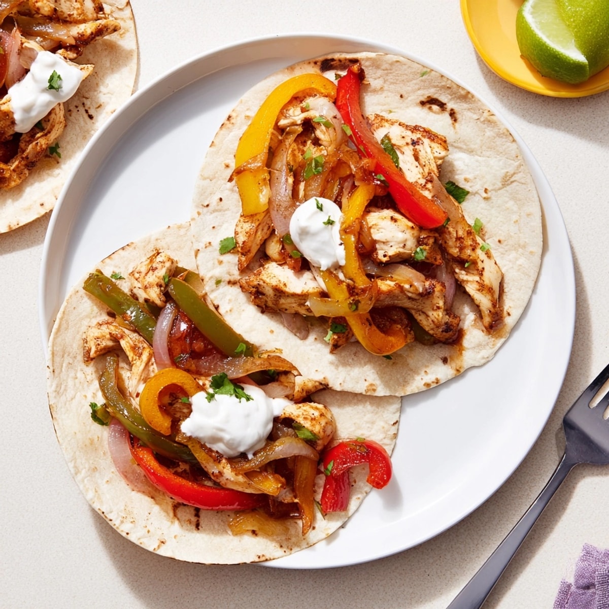 Perfectly cooked Chicken Fajitas recipe with Lime Crema, warm tortillas, and optional toppings.