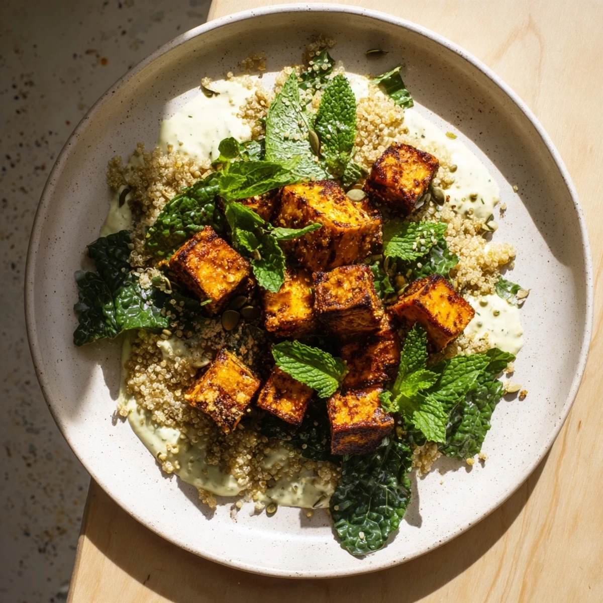 Light Coastal Bowl featuring roasted sweet potatoes and kale with fluffy quinoa, vividly presented.
