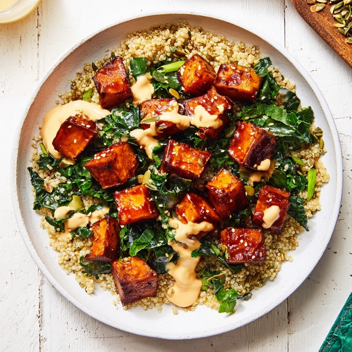 A colorful Light Coastal Bowl showcasing quinoa, tender sweet potatoes, kale, and creamy lemon-tahini dressing.