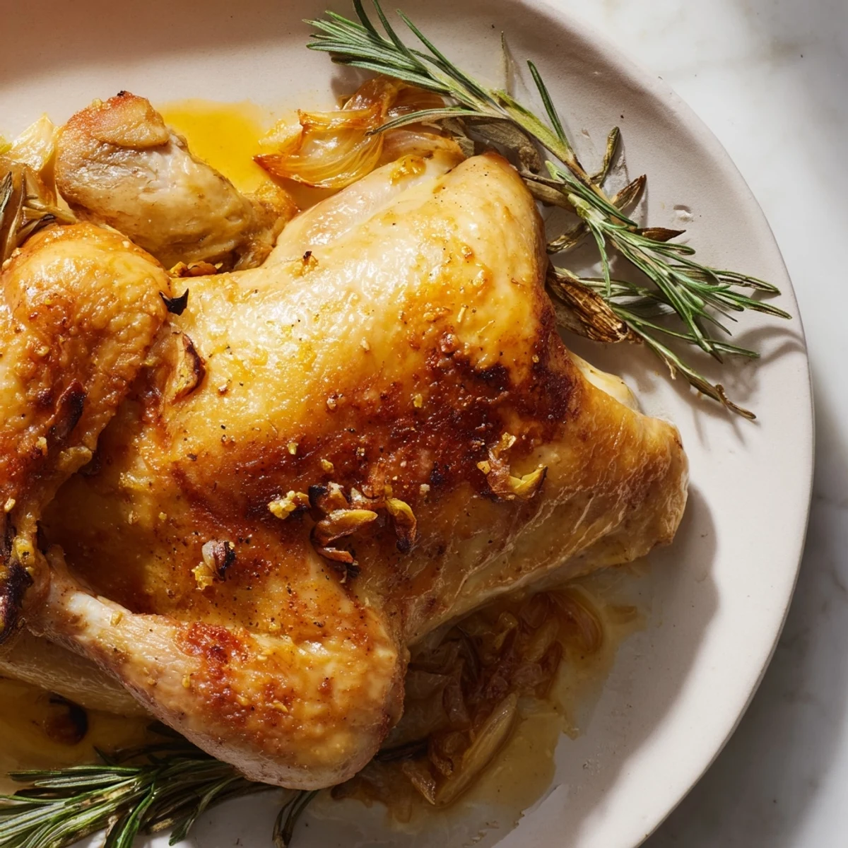 A perfectly roasted chicken, infused with rosemary and garlic, ready to serve with savory veggies.