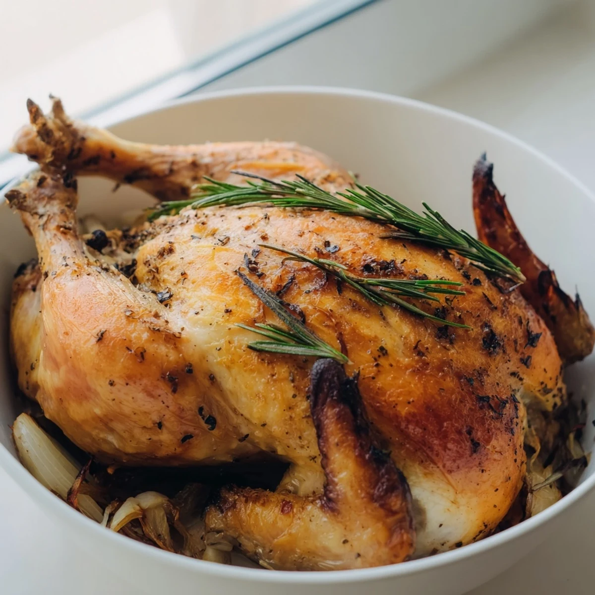 Juicy roast chicken with rosemary and garlic, boasting golden-brown, crispy skin and tempting aromas.
