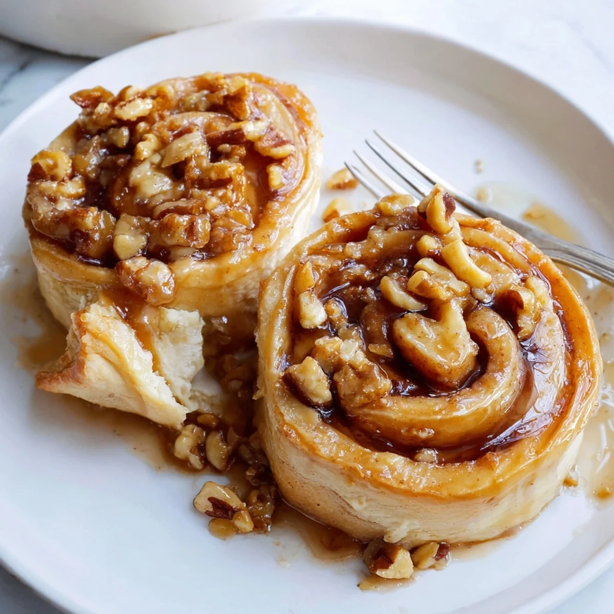Golden, gooey Maple Pecan Sticky Buns fresh from the oven, glistening with maple syrup glaze and pecans.