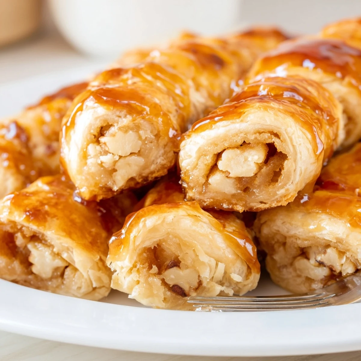 A close-up of warm Maple Pecan Sticky Buns, inviting textures of a cinnamon-pecan filling ready to enjoy.