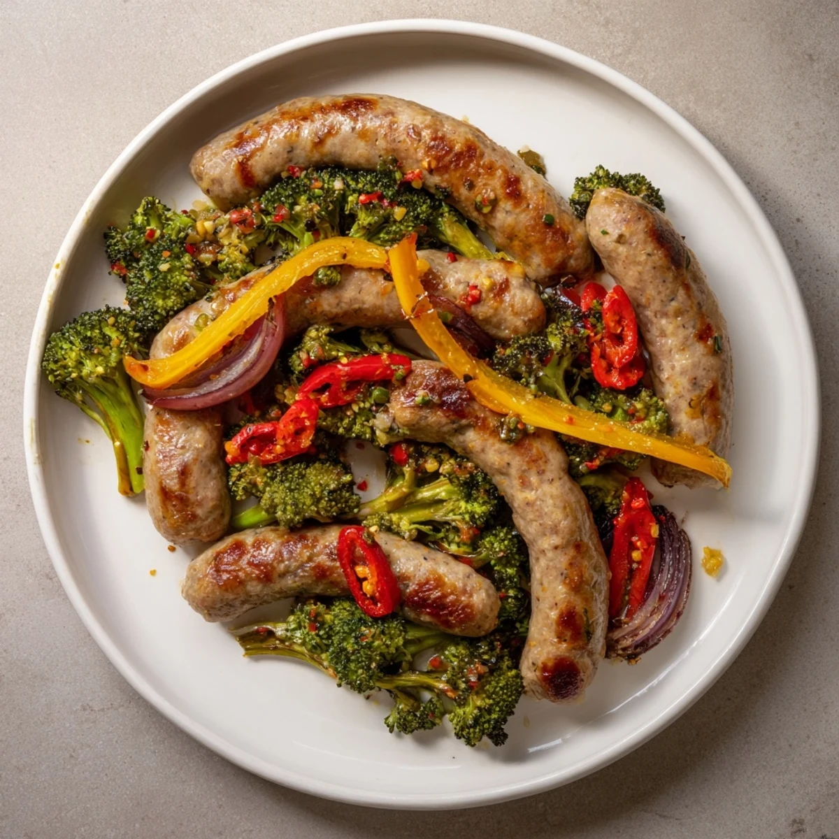 Golden brown Simple Rustic Sheet-Pan Sausage, Broccoli, and Bell Peppers, showcasing roasted vegetables and juicy sausage.