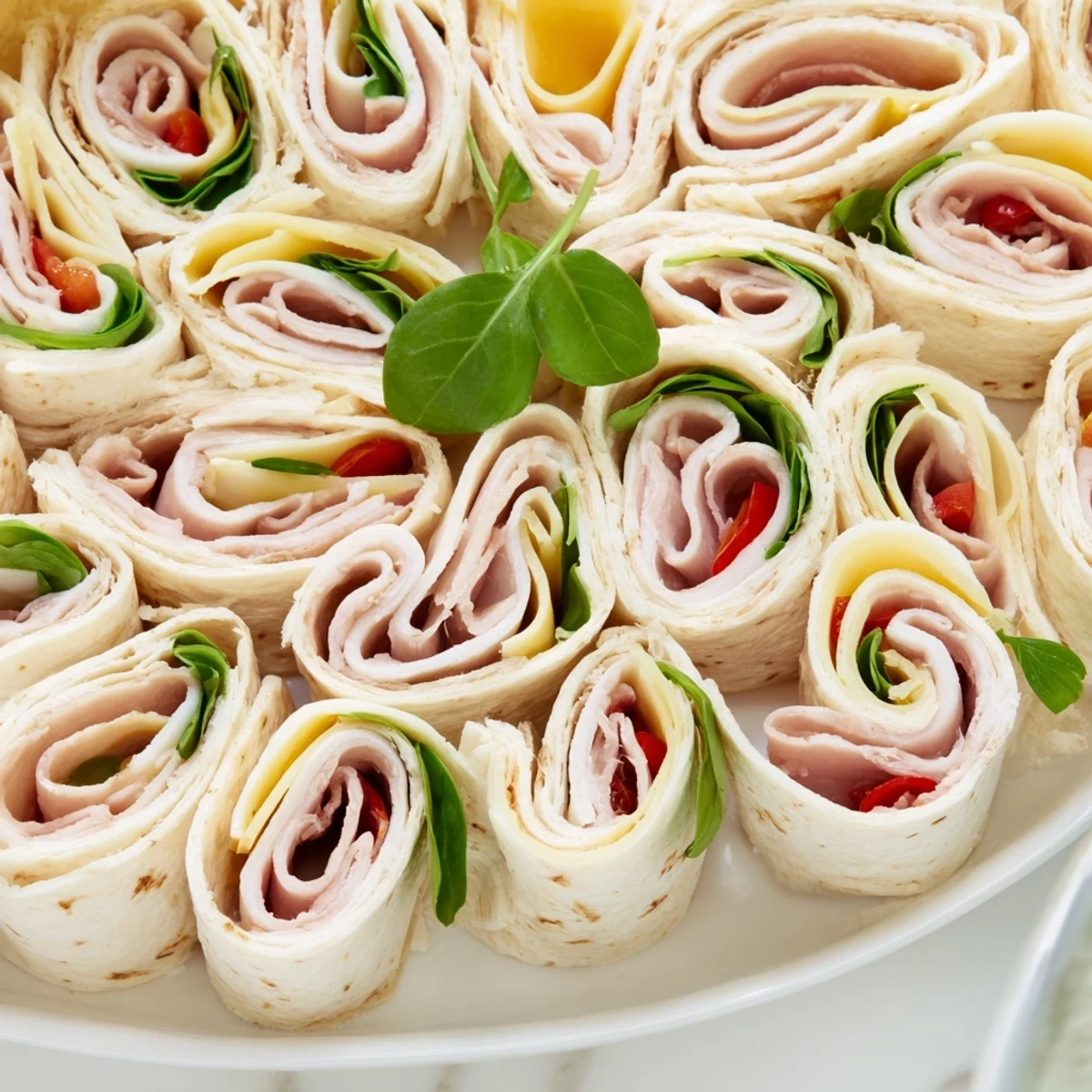 Vibrant image of sliced Turkey and Provolone Pinwheels, perfect snack with fresh spinach and red pepper.