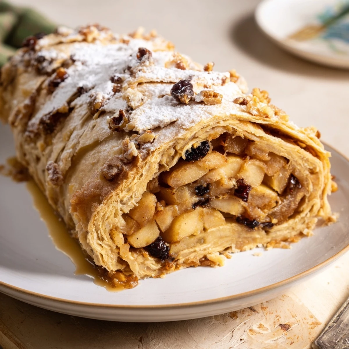Warm, comforting image of Apple Strudel served with creamy vanilla sauce, perfect for dessert.