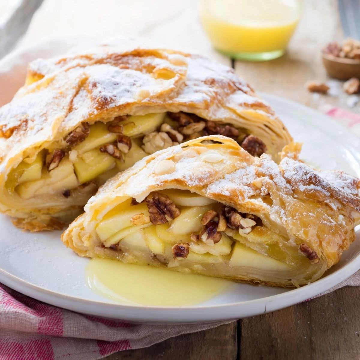 Golden-brown Apple Strudel with flaky layers, spiced filling, and warm vanilla sauce.
