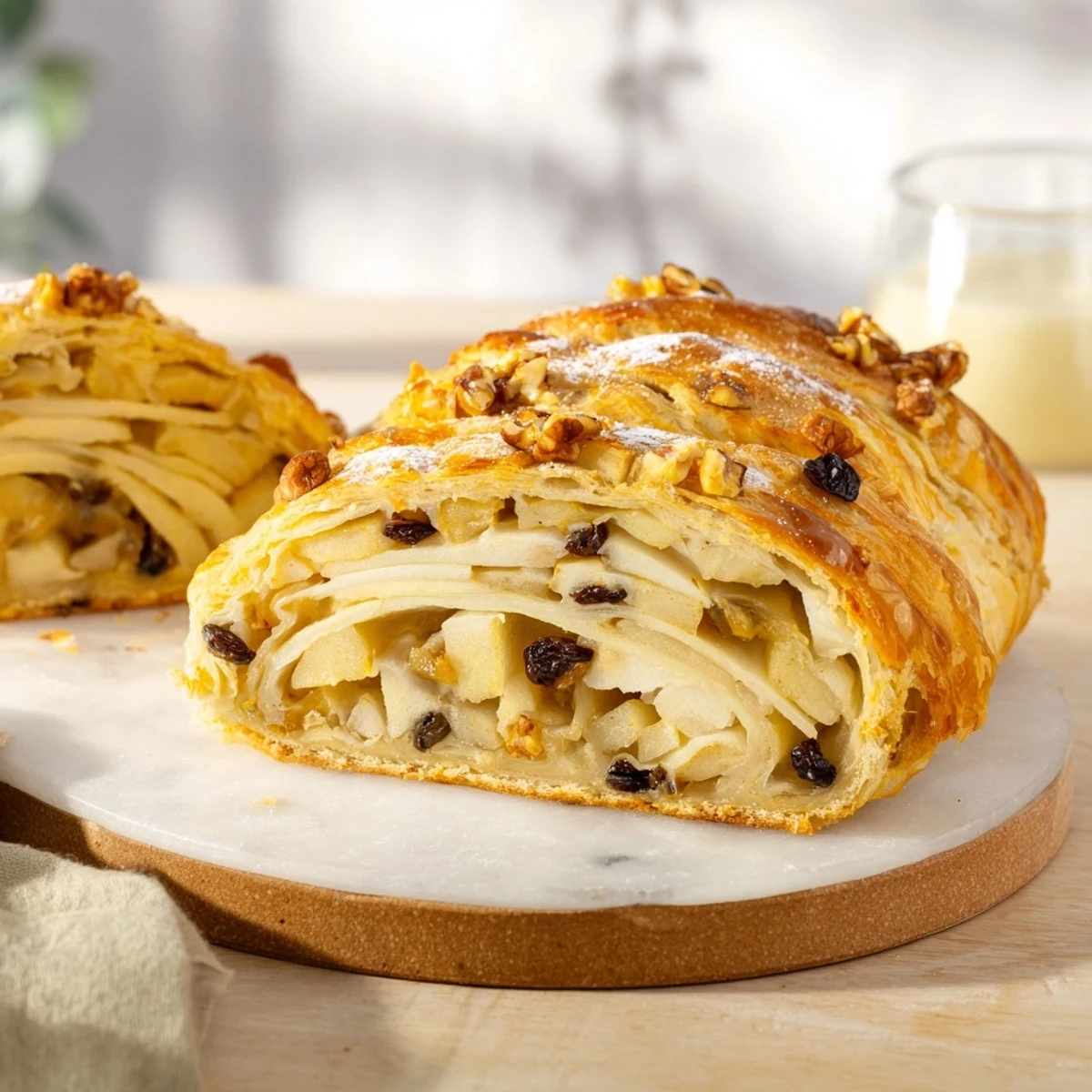 A freshly baked Apple Strudel, glistening from butter, ready to be sliced and enjoyed.