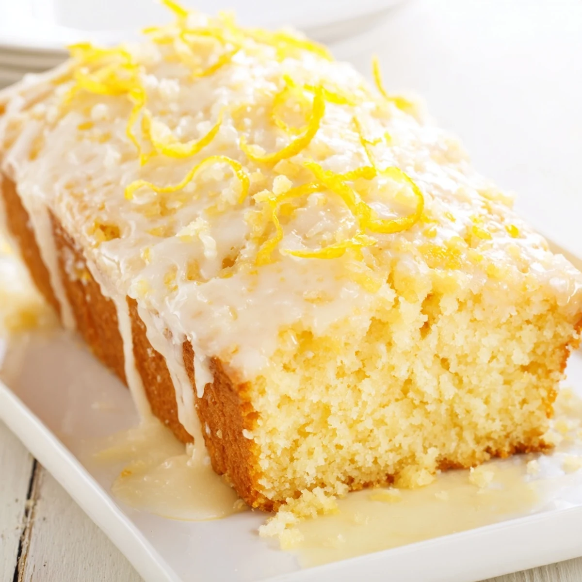 A slice of lemon loaf cake, showcasing the tender crumb and zesty lemon drizzle.