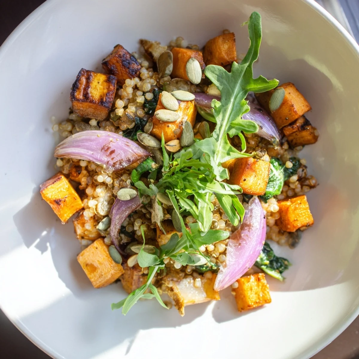 Warm Herb Bowl, featuring roasted root vegetables, thyme and tarragon, looks savory and colorful.