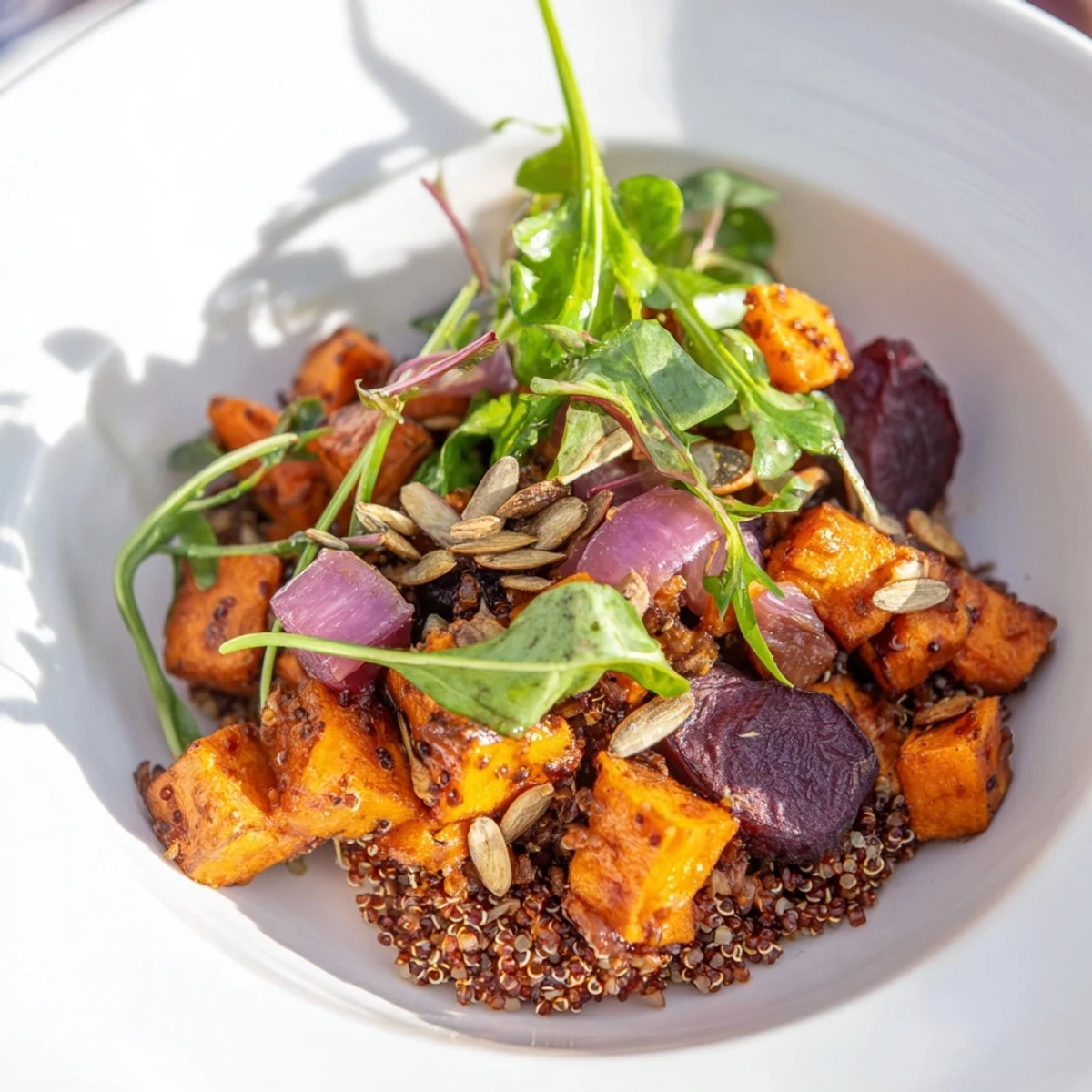 Golden roasted root vegetables and a bed of quinoa create a vibrant Warm Herb Bowl with fresh herbs.