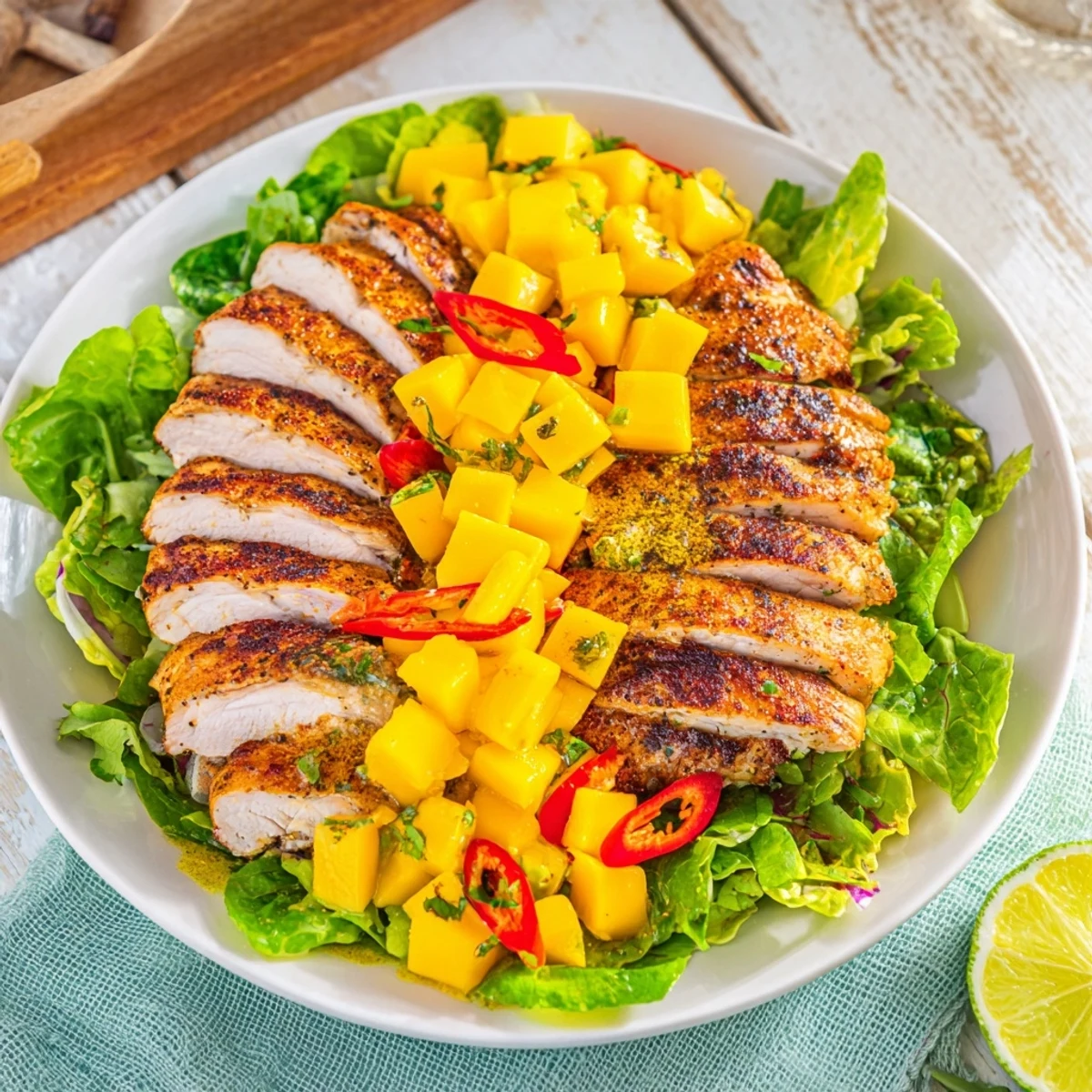 Perfectly grilled chicken breasts topped with colorful mango salsa ready to fill lettuce wraps.