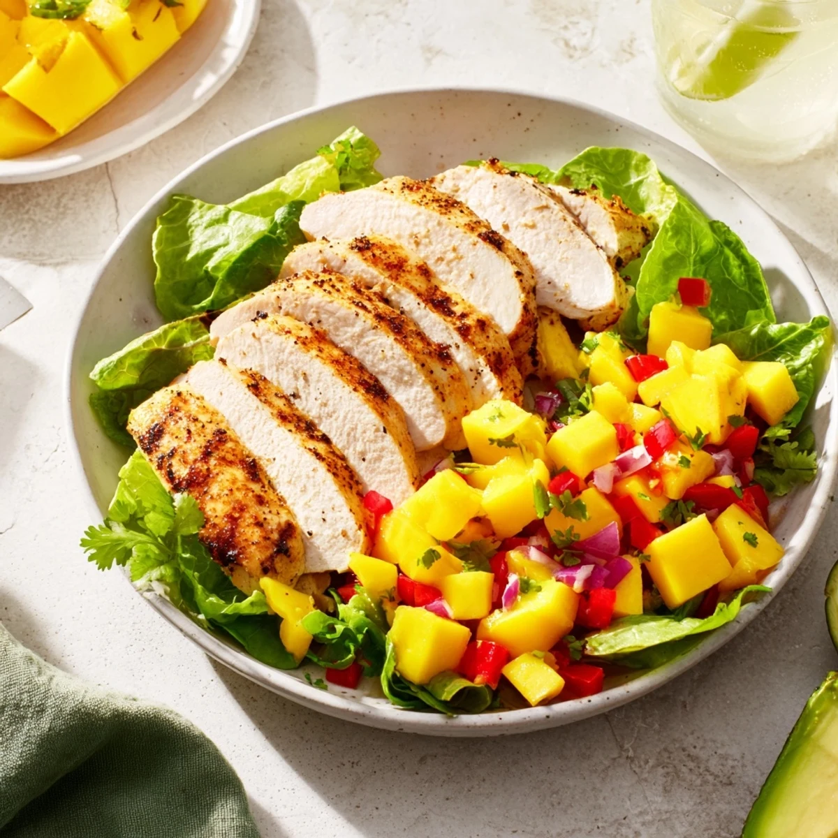 Grilled chicken and vibrant mango salsa filling fresh lettuce wraps: a refreshing, healthy meal.