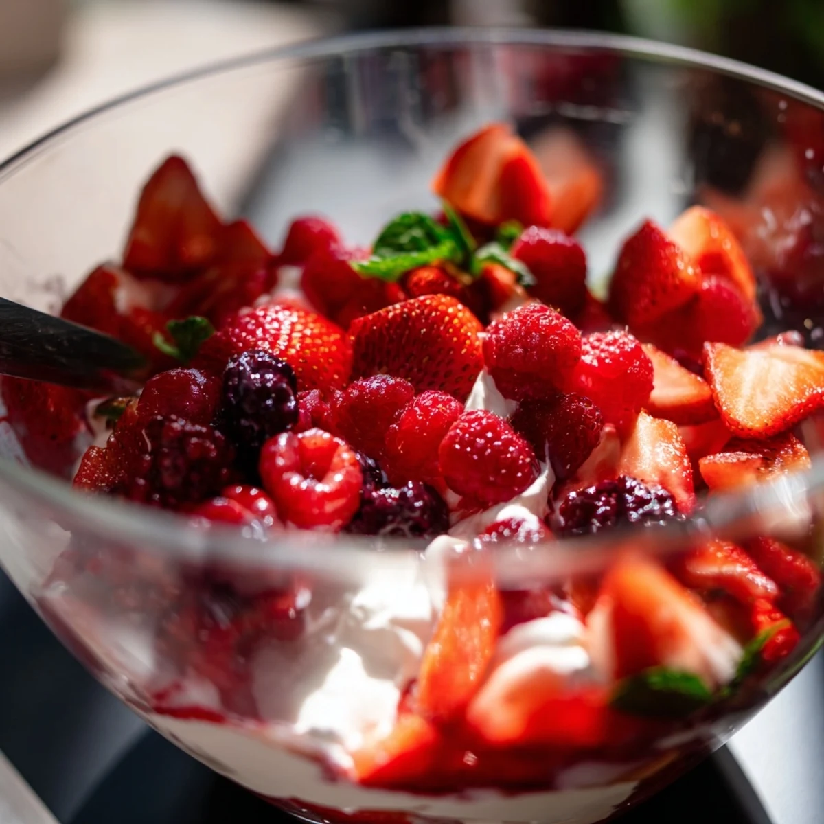 A layered Berry Parfait with creamy whipped topping, bursting with fresh, juicy summer berries.
