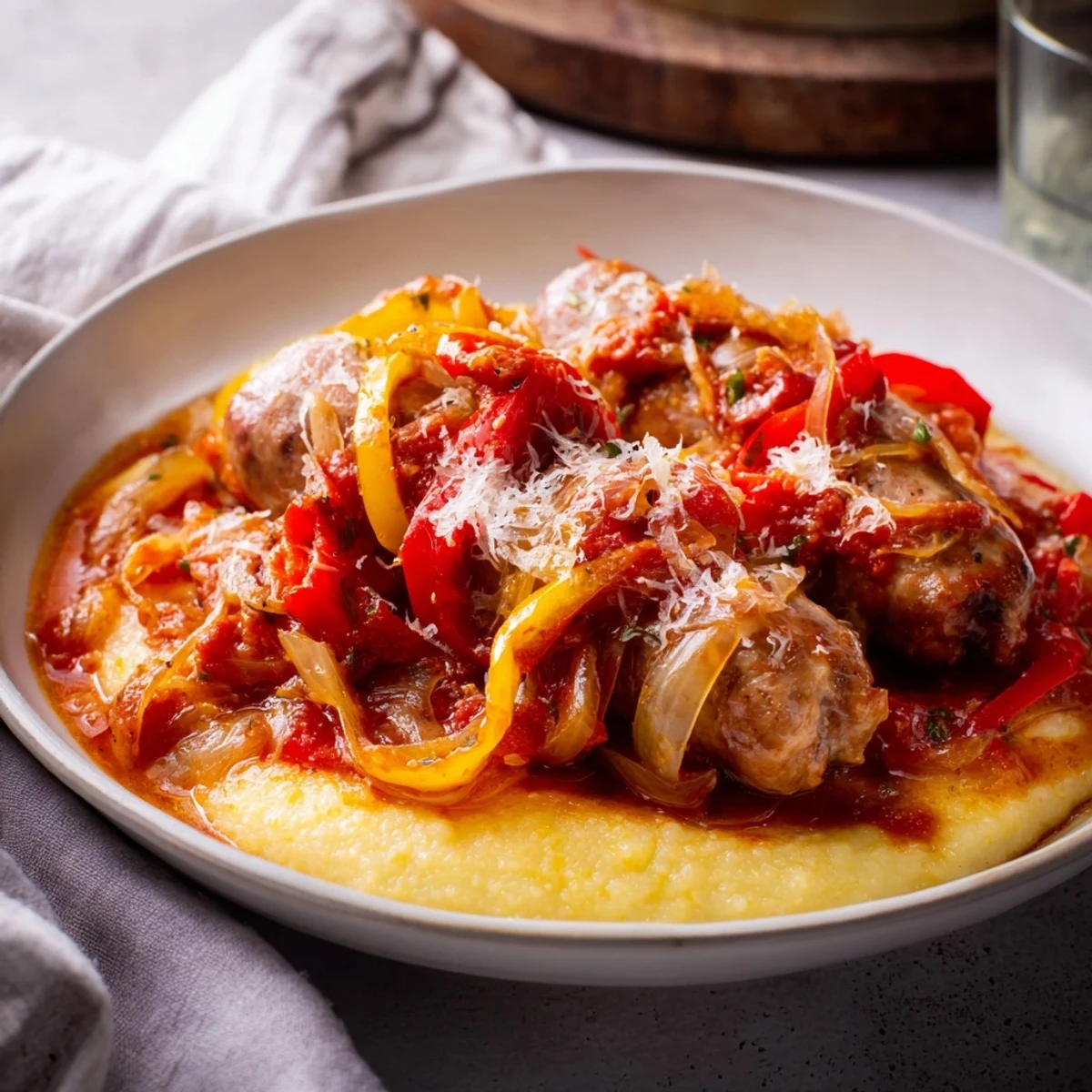 Vibrant colors of sausage, peppers, and tomato sauce are in this delicious Herb-Cozy Skillet Sausage and Peppers.