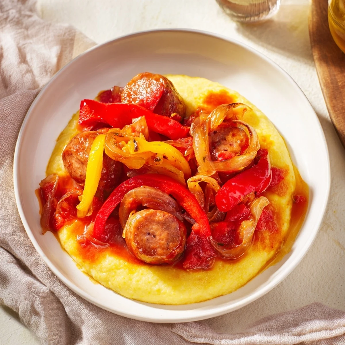 Enjoy a warm bowl of Herb-Cozy Skillet Sausage and Peppers, a comforting Italian-inspired meal with creamy polenta.