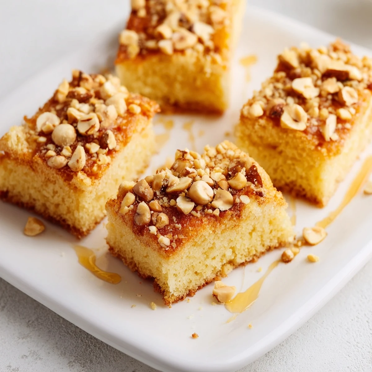 Golden Light Sweet Hazel Treats: Hazelnut and Honey Cake Squares, drizzled with honey, ready to eat!