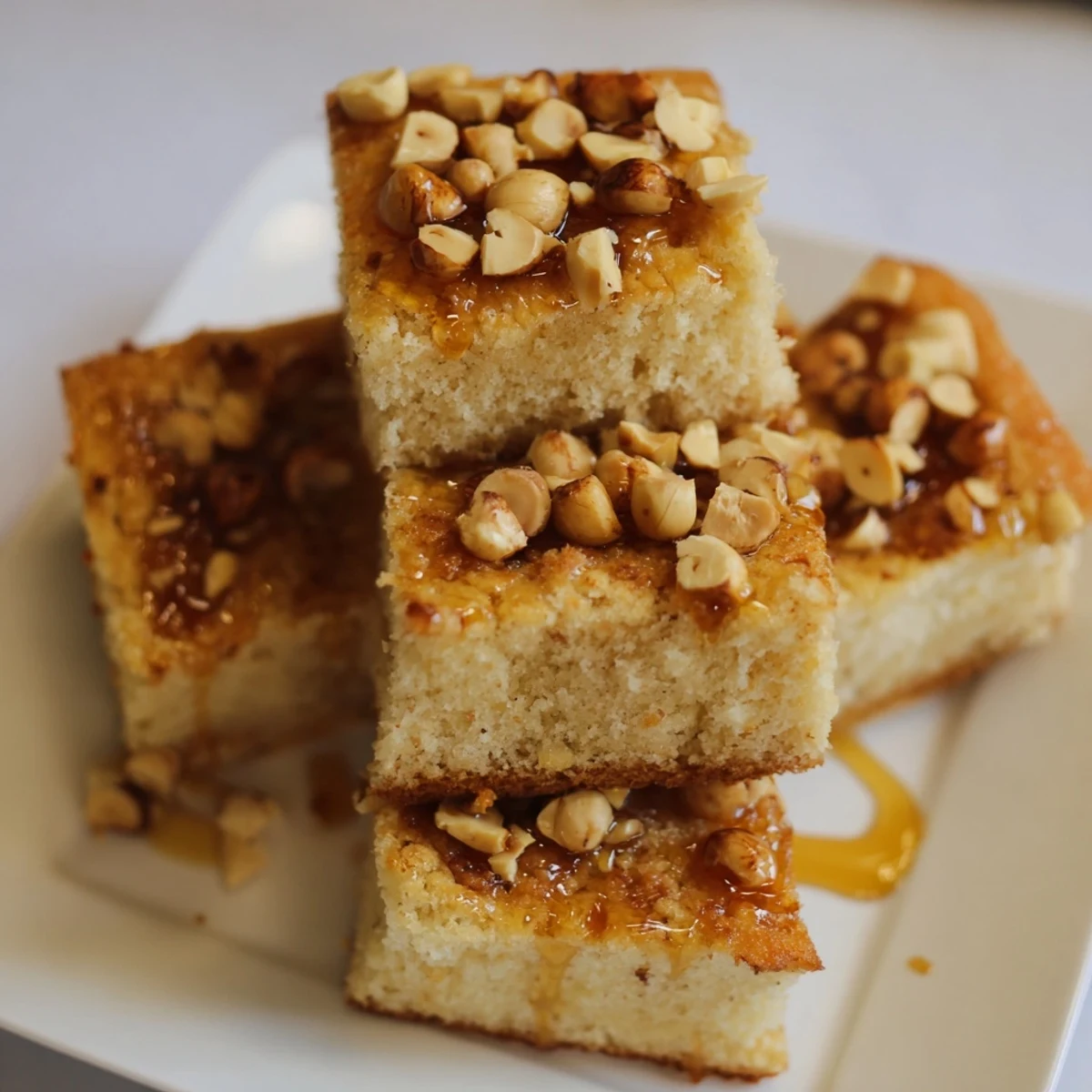 Perfectly square Light Sweet Hazel Treats: Hazelnut and Honey Cake Squares, ideal for dessert or a snack.