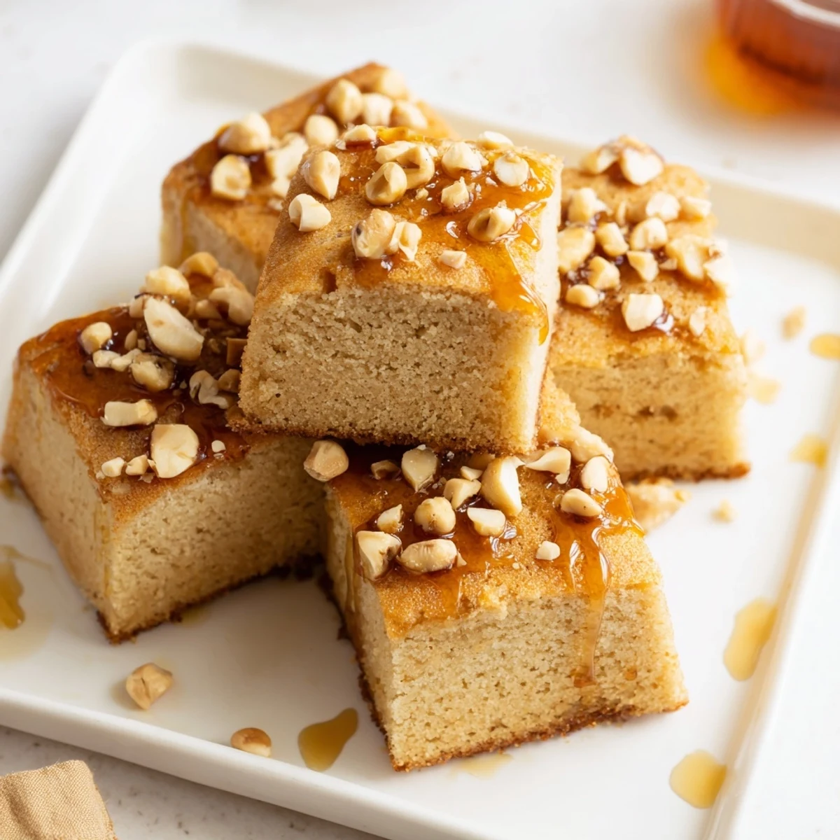 Close-up of freshly baked Light Sweet Hazel Treats: Hazelnut and Honey Cake Squares, showing the toasted nuts.