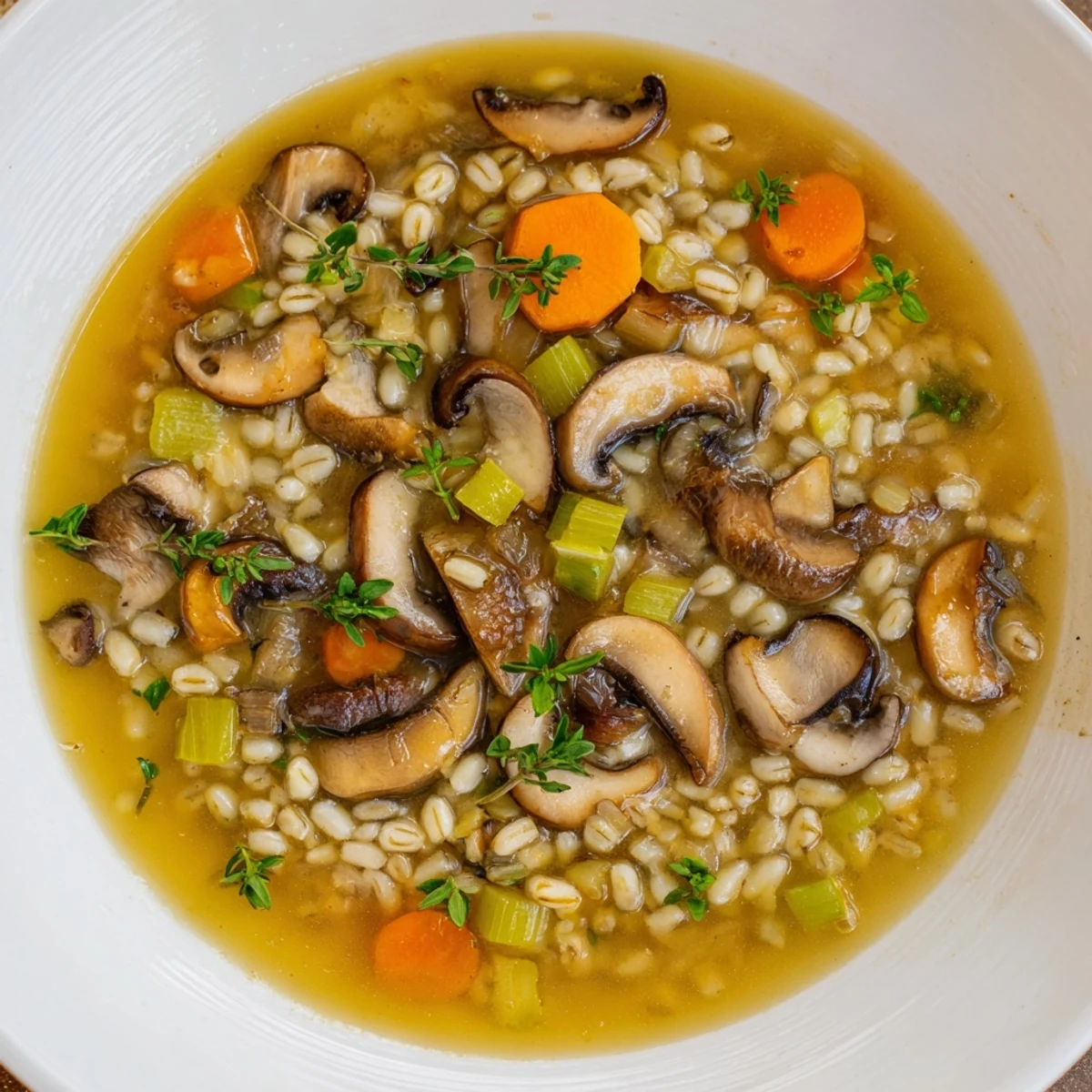 Steaming bowl of Wild Mushroom and Barley Soup, garnished with parsley, ready to be enjoyed.