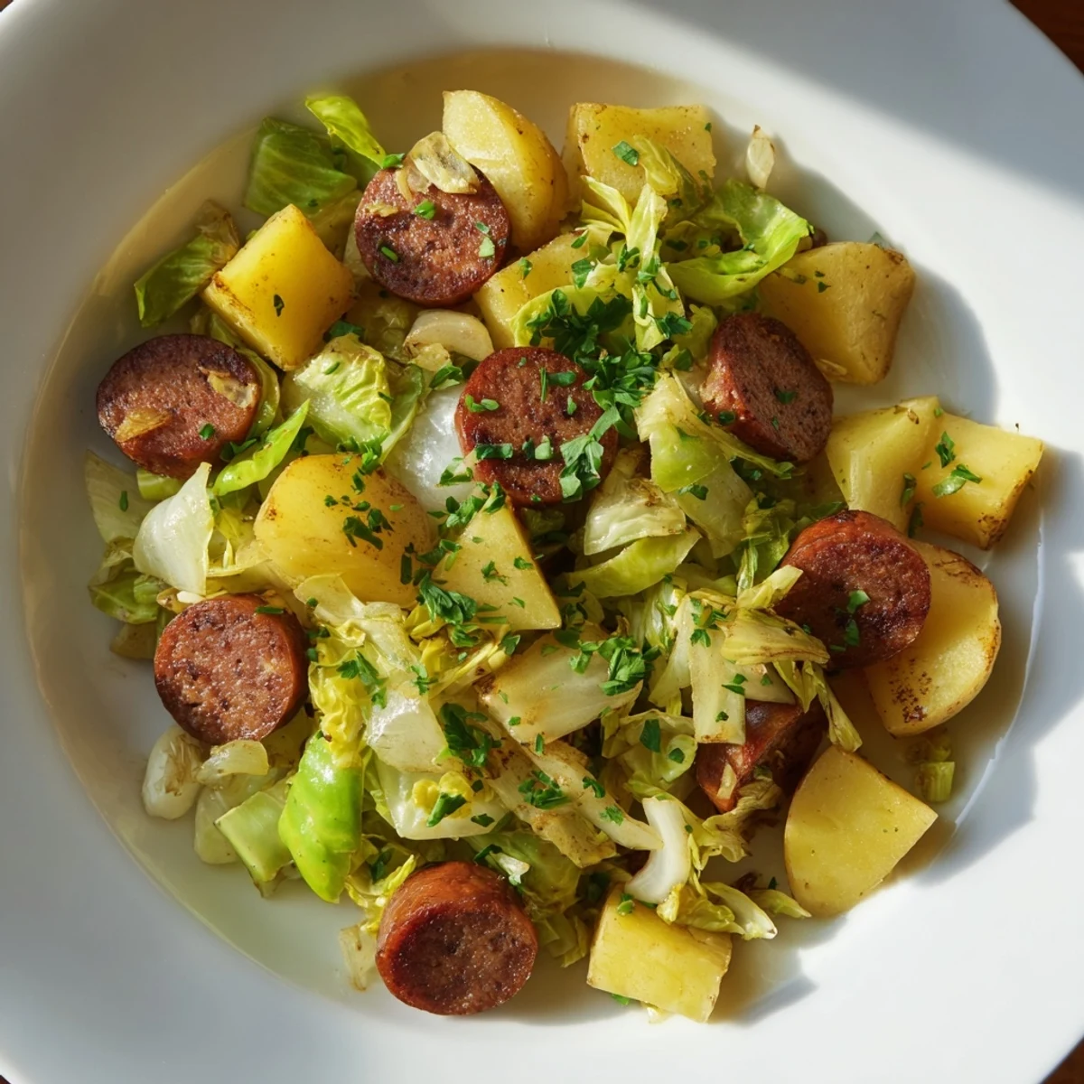 Enjoy the comforting flavors of Rustic Kielbasa and Cabbage Hash, a gluten-free skillet meal perfect for any night.