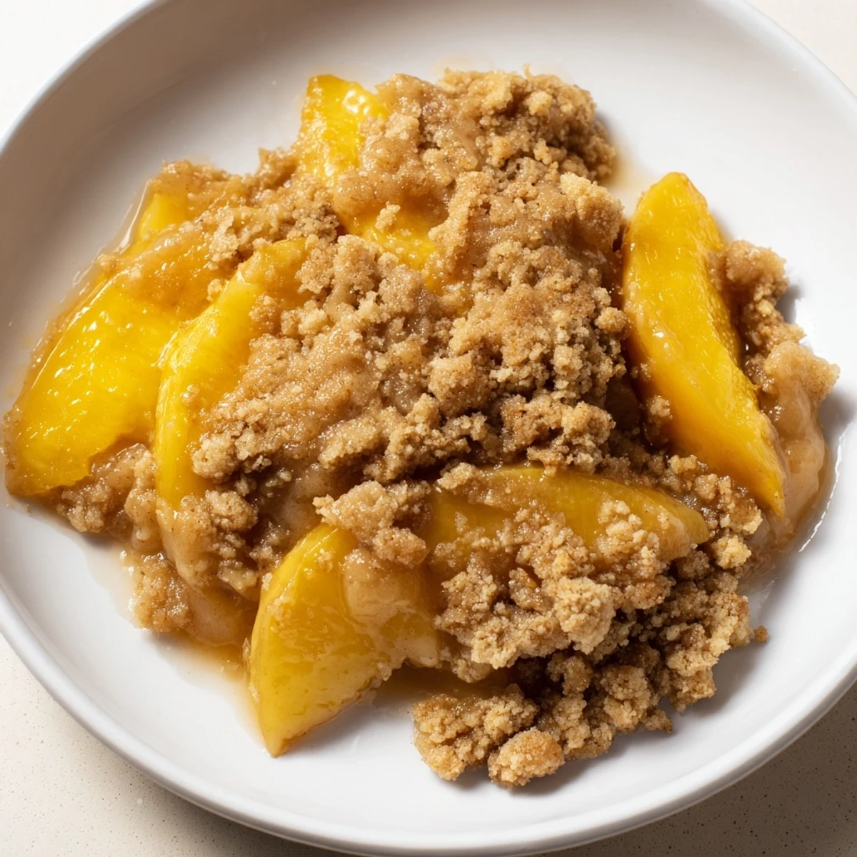 Golden-brown peach and ginger crumble, warm from the oven, ready for serving with ice cream.