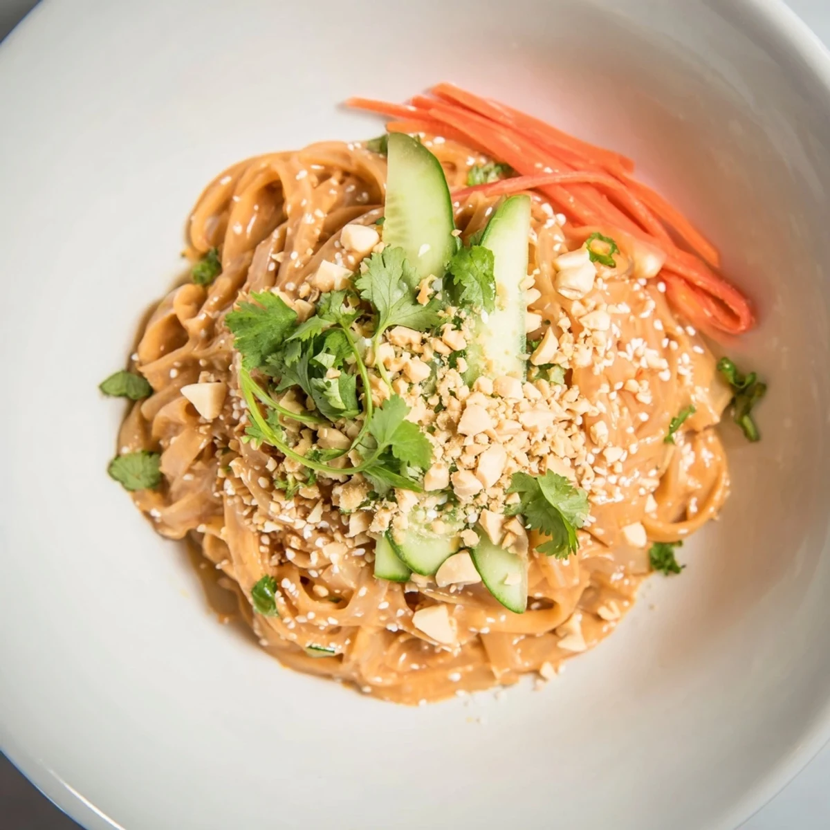 Spicy Peanut Noodle Salad, a colorful bowl with vibrant vegetables and a creamy peanut dressing.