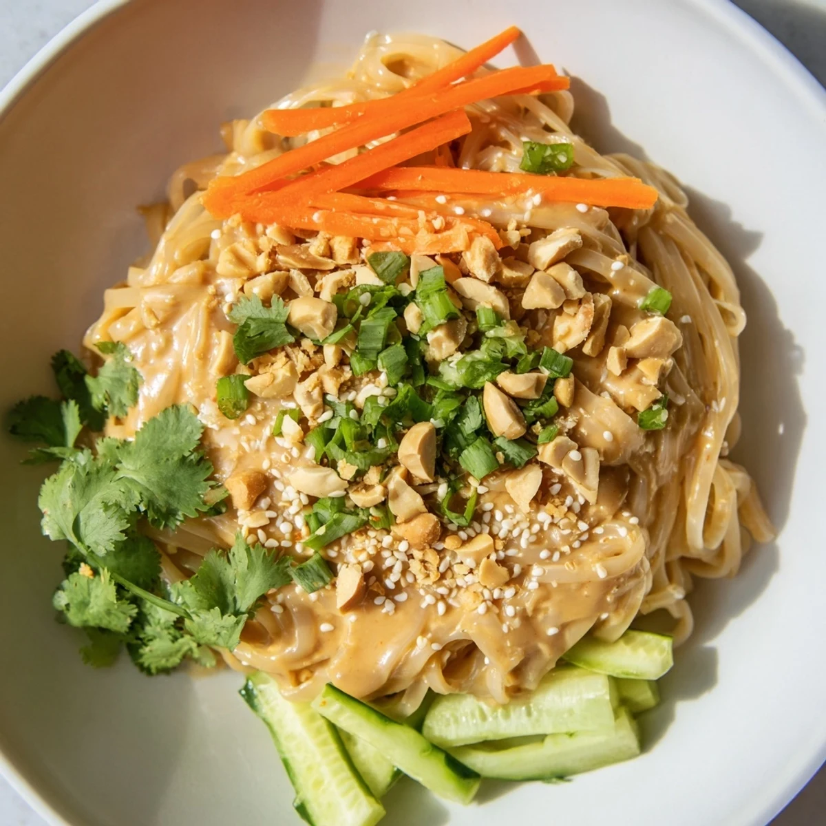 Enjoy a fresh, flavorful Spicy Peanut Noodle Salad with crisp veggies and a spicy peanut sauce.