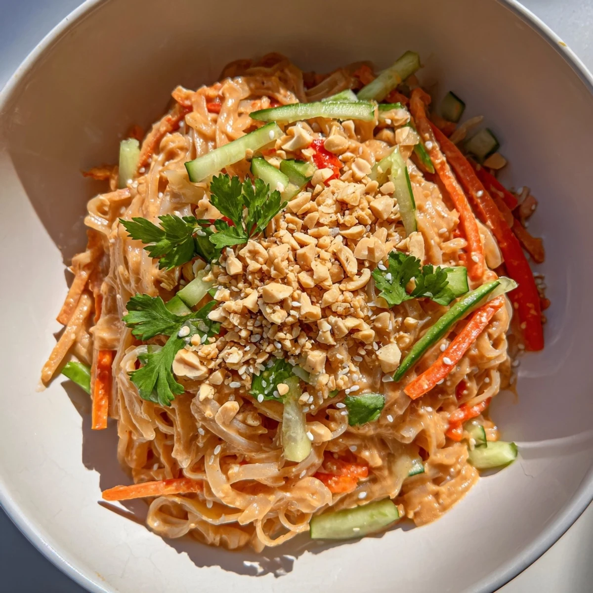 This delicious Spicy Peanut Noodle Salad is ready to eat, served with fresh lime wedges.