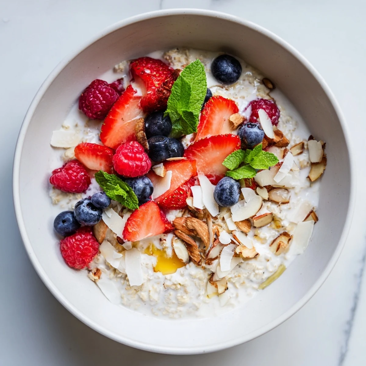 Creamy Overnight Oats with Berries and Honey, swirled with juicy red berries, ready to serve cold.