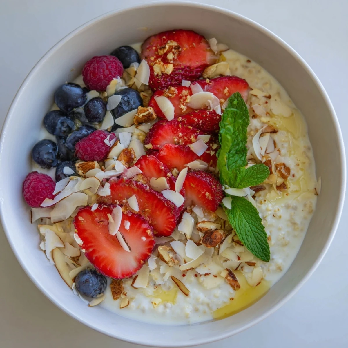 A close-up of Overnight Oats with Berries and Honey: a beautiful breakfast bowl with a honey drizzle.