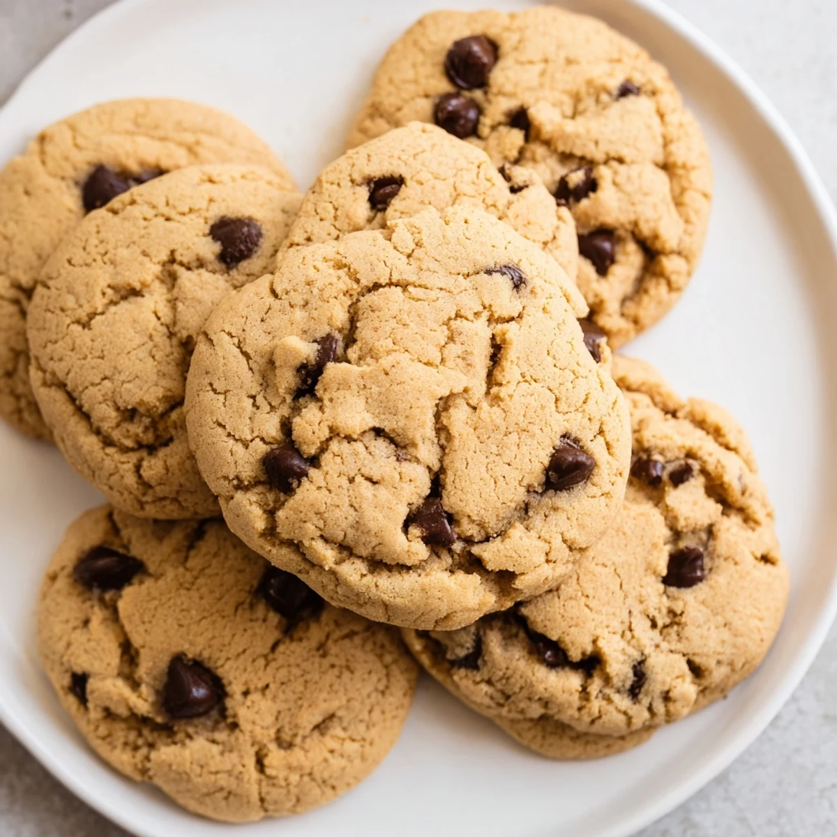 Warm plate of Peanut Butter Chocolate Chip Cookies with melty chocolate chips, ready to enjoy.