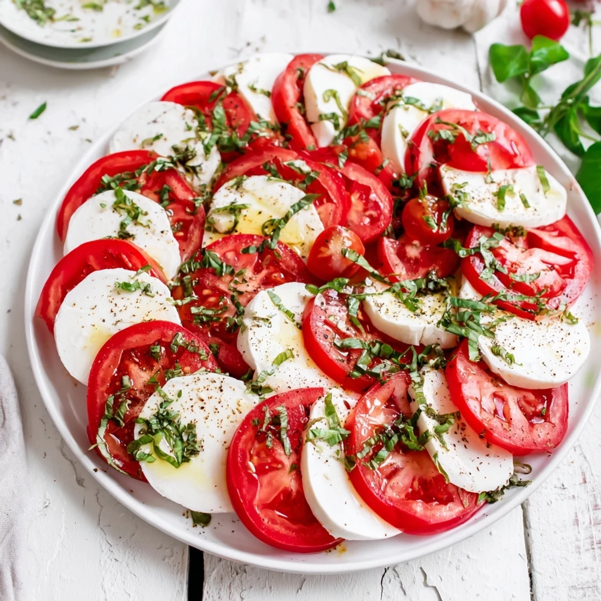 Brightly colored Caprese salad with juicy tomatoes, creamy mozzarella, and basil vinaigrette for a refreshing meal.