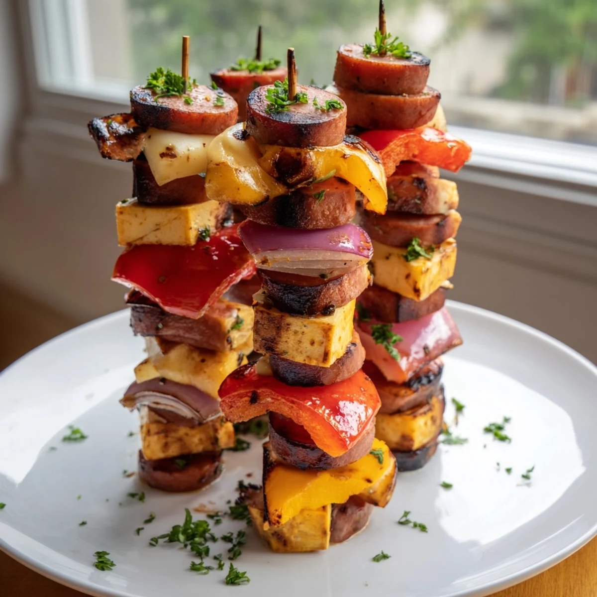 Grilled savory skewers of chimney stack sausage and cheese with colorful roasted vegetables.