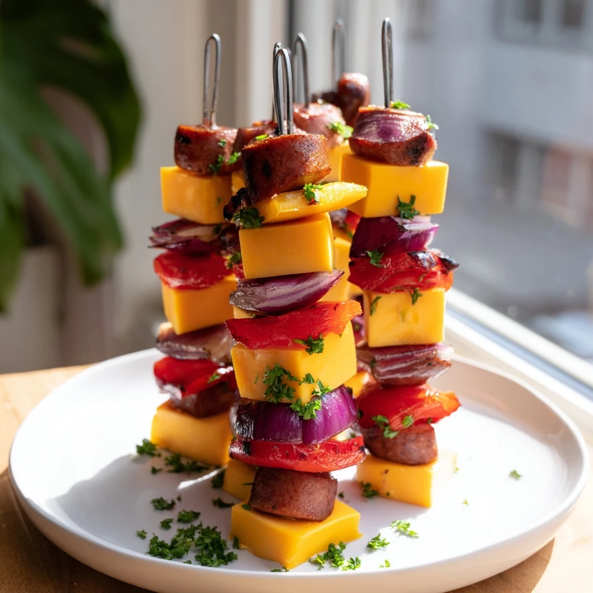 Beautifully arranged savory skewers: chimney stack sausage and cheese with charred peppers and onions.