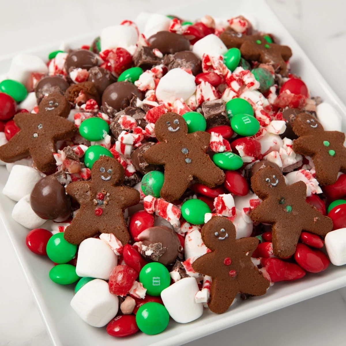 Close-up of a Santa's Sack Candy Avalanche board, overflowing with holiday cookies, chocolate, and tempting treats.