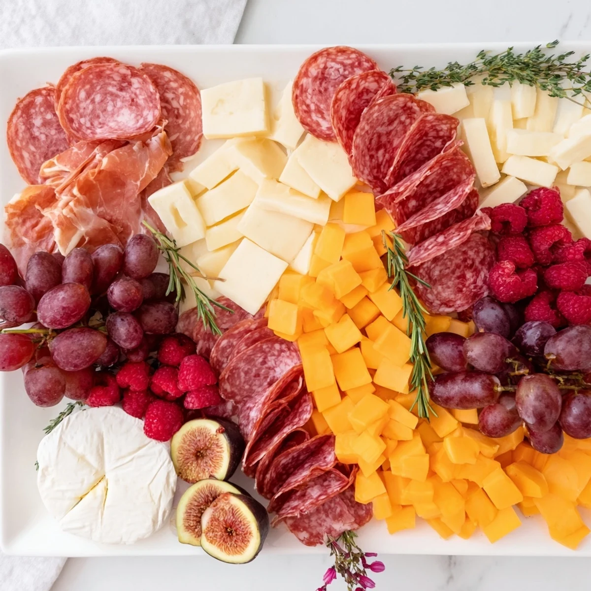 A delicious Meat & Cheese Festive Stocking Charcuterie Board, overflowing with vibrant fresh fruits and tasty crackers.
