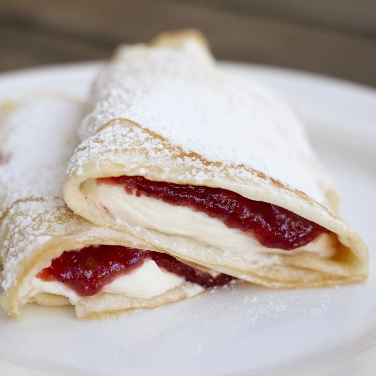 Delicate, rolled Snow Angel Tortilla Wraps showcasing creamy cheese and jam, a delightful snack for all ages.