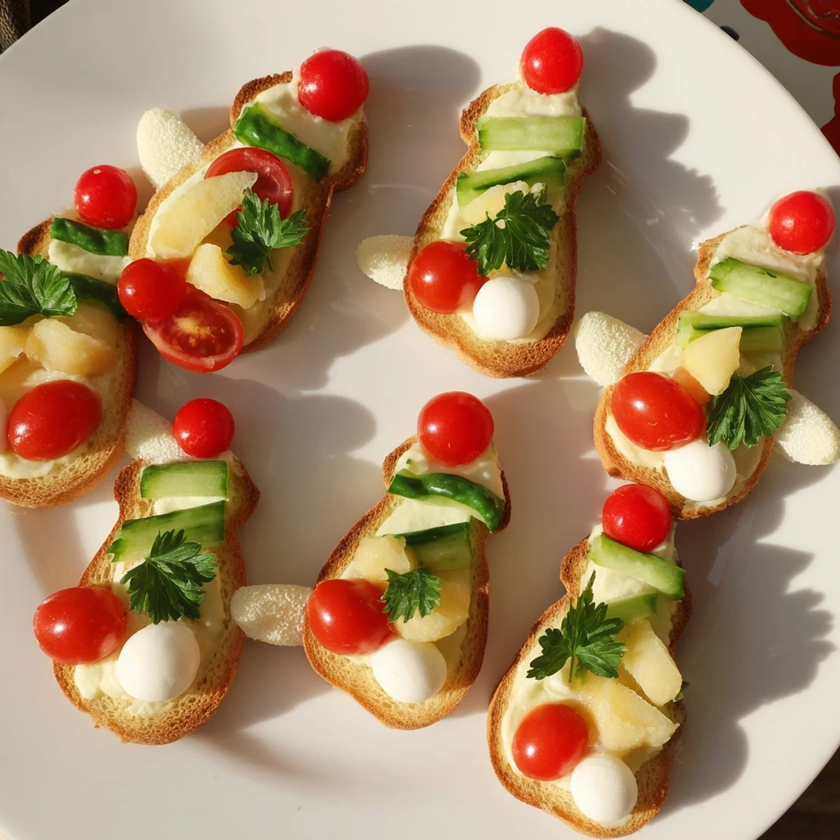 Festive elf shoe shaped toast bites topped with cream cheese and fresh herbs, a delightful brunch appetizer.