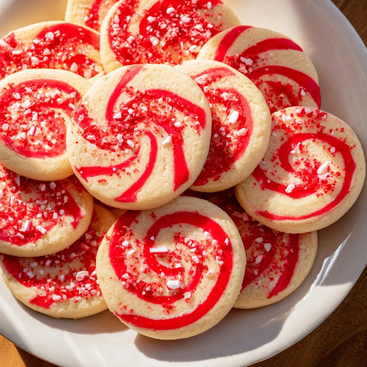Close-up of Candy Cane Swirl Cookie Platter, showcasing vibrant red and white peppermint swirls.