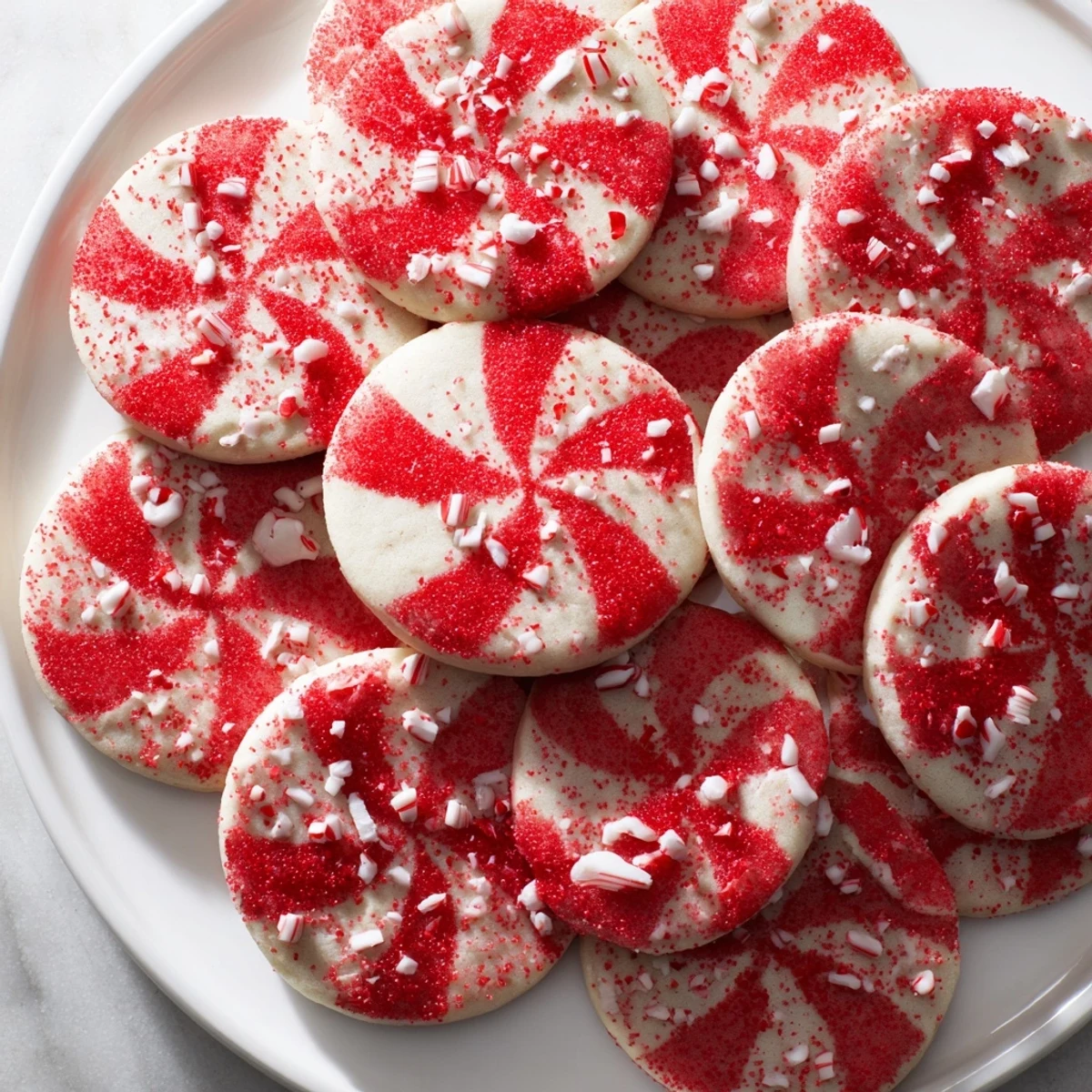 The colorful spiral design of a Candy Cane Swirl Cookie Platter, perfect for festive holiday gifting.