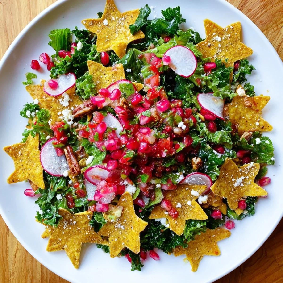 Homemade salsa beside a beautiful Winter Salad featuring holiday snowflake tortilla chips and vibrant pomegranate seeds.