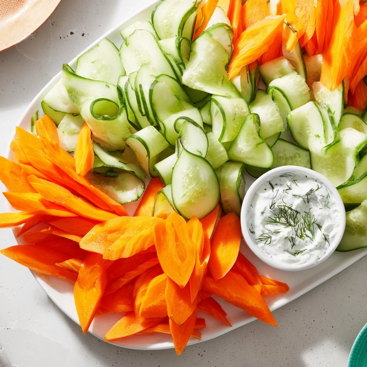 Beautifully arranged Veggie Platter with vibrant cucumber and carrot fans, ready to serve with a tangy dip.