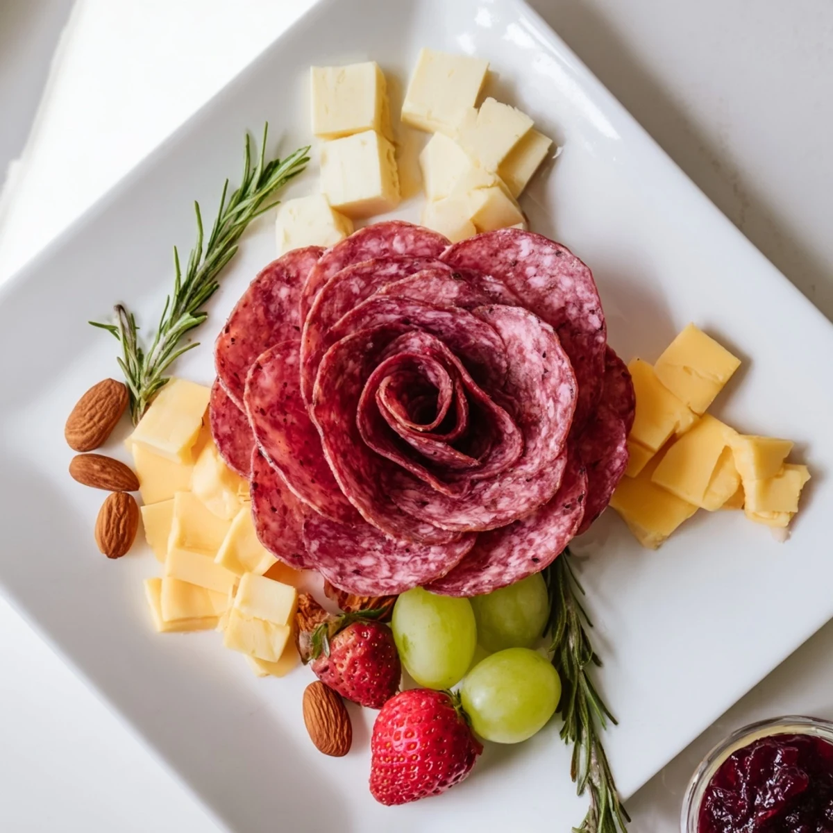 Close-up of an easy charcuterie board with a salami rose, ideal for one person to enjoy.