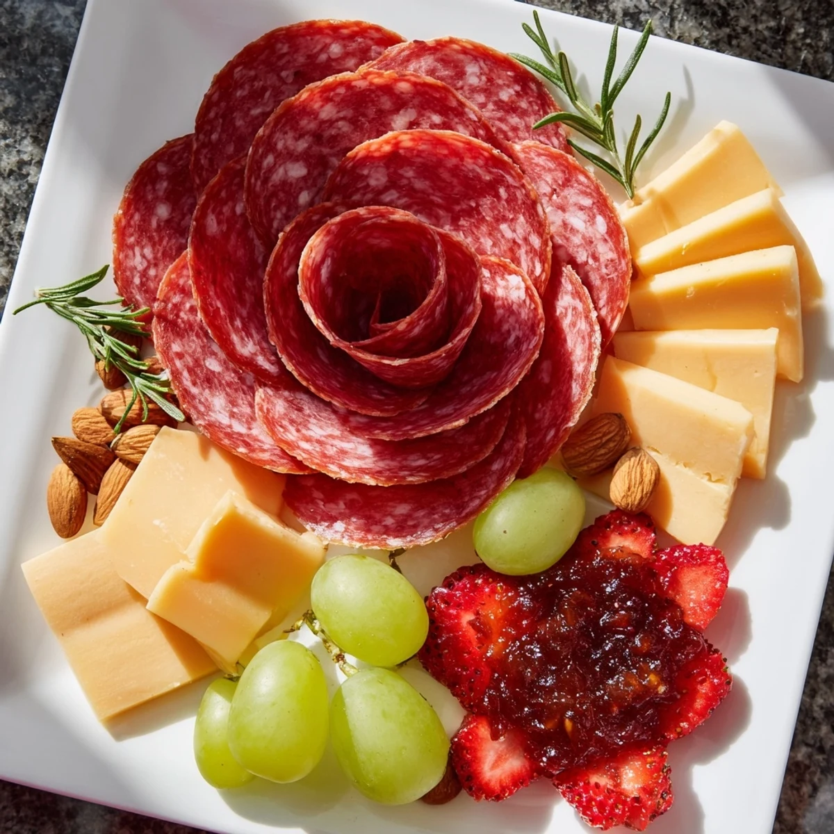 A delicious single-serving, easy charcuterie board showcasing a beautiful salami rose and assorted treats.