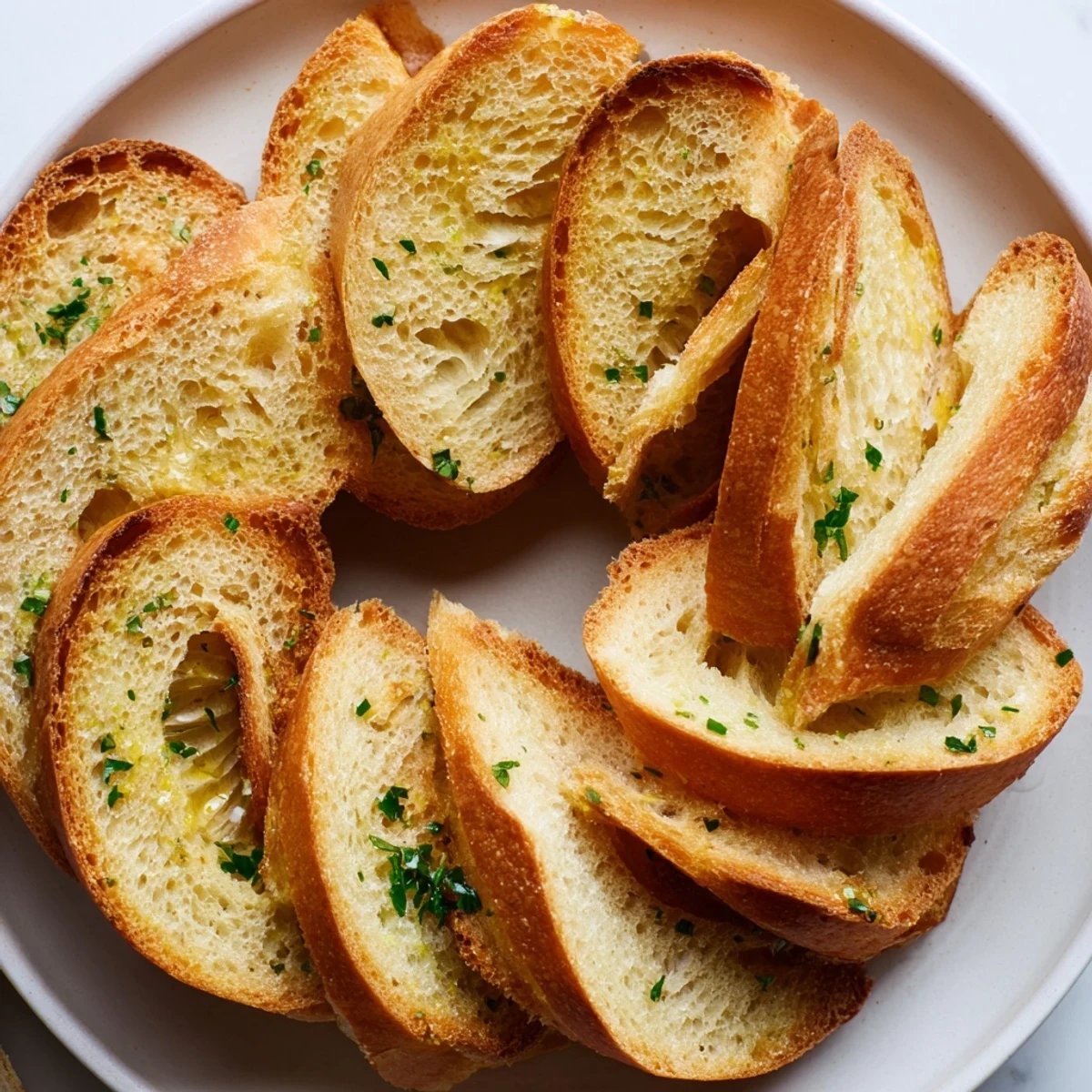 Golden, crunchy baguette slices arranged in a decorative circle, ready for serving as a simple appetizer.