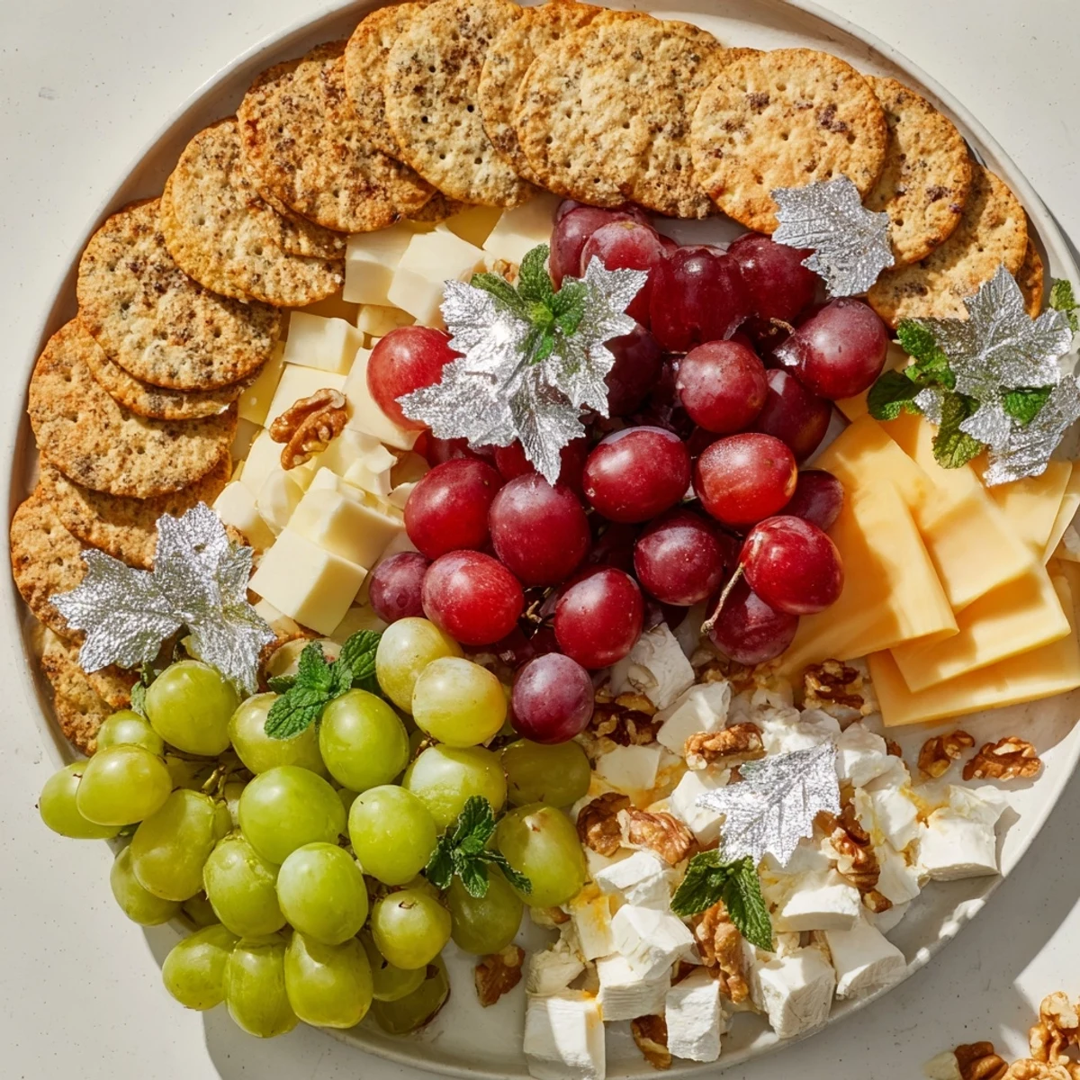 A vibrant close-up displays the elegant Sparkling Grape and Silver Cracker Platter with honey-drizzled cheese.