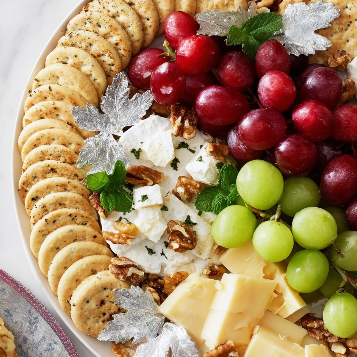Delightful holiday appetizer: A Sparkling Grape and Silver Cracker Platter featuring fresh grapes and flavorful cheeses.