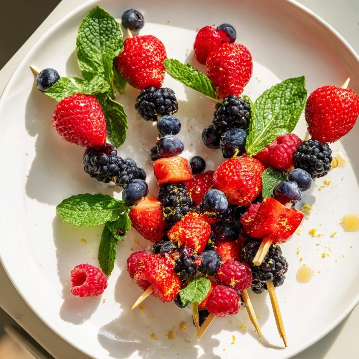Fresh, colorful Fruit Skewers offer a taste of summer, with bright berries and refreshing mint.